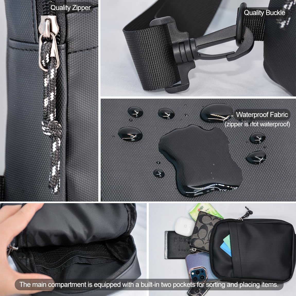 Fanny Pack - Small Sling Bag for Men & Women, Water-Resistant Travel Crossbody Chest Bag - Black